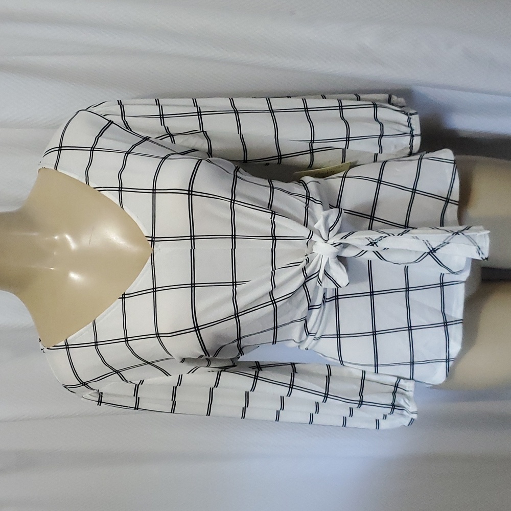 Nwt Flower & Feather Black White Tie Front Blouse Windowpane Plaid Size Xl